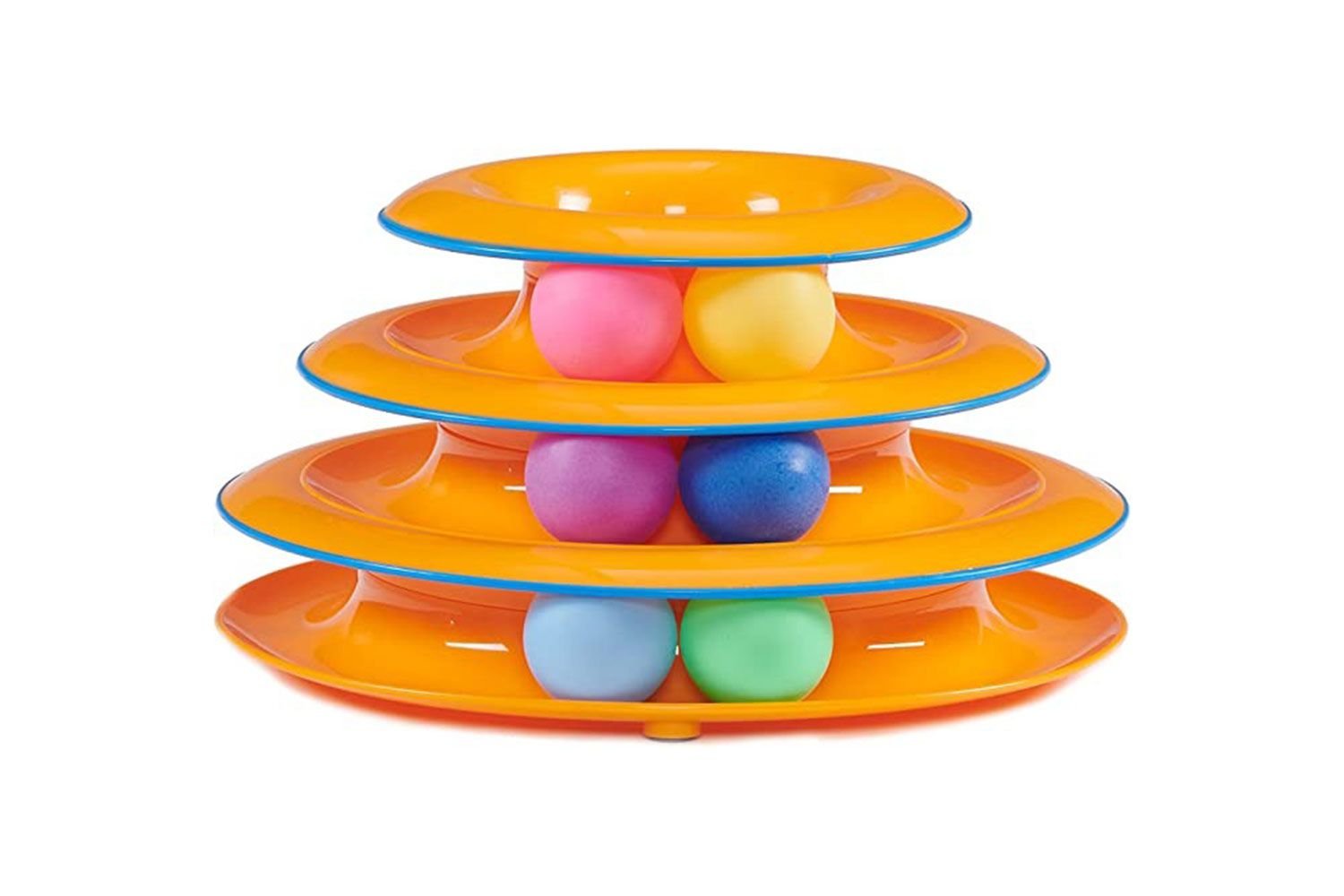 Petstages Tower of Tracks Cat Toy with different levels of saucers and balls