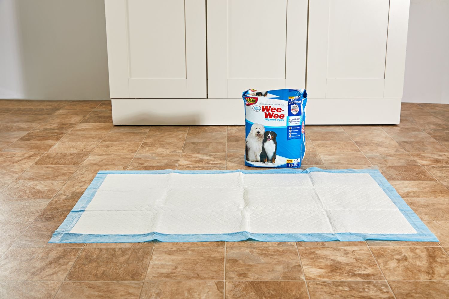 A Wee-Wee Pads Gigantic Dog Pee Pad displayed on a laminate floor in front of a box of unopened pee pads