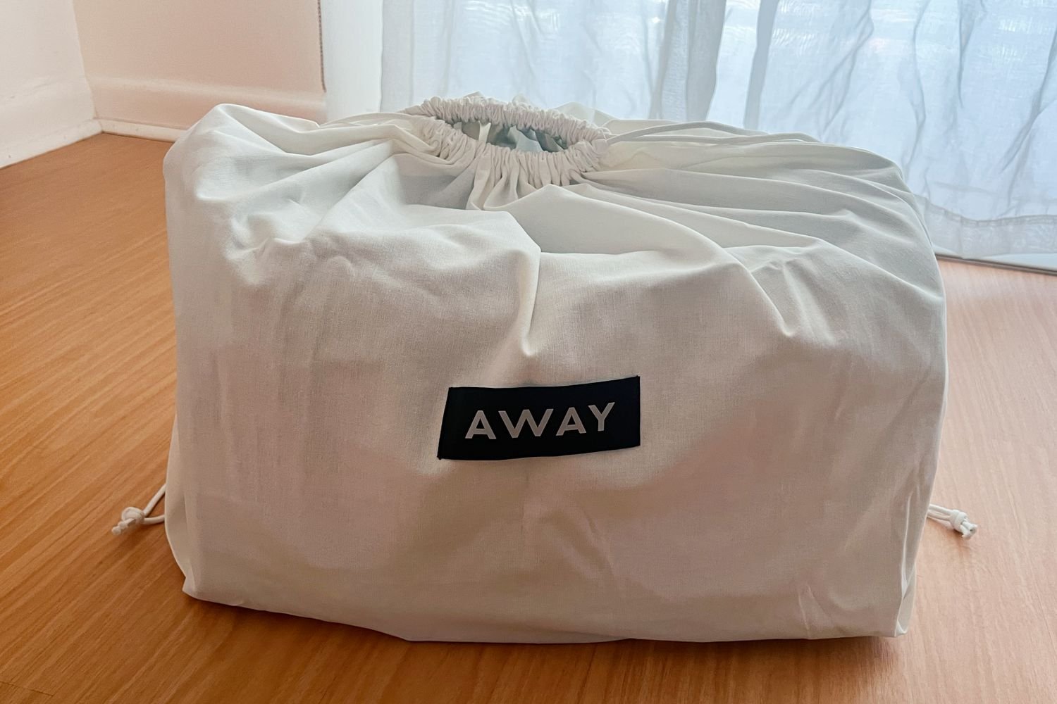 Away The Pet Carrier displayed in a soft bag on a wood floor